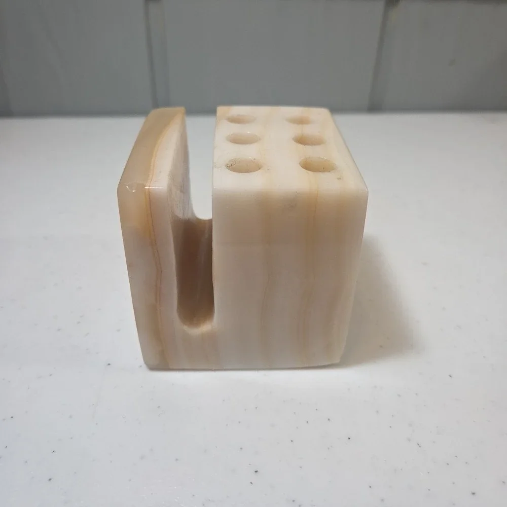 Vintage Marble Onyx Cube Pen & Letter Holder Desktop Organizer Heavy Quality